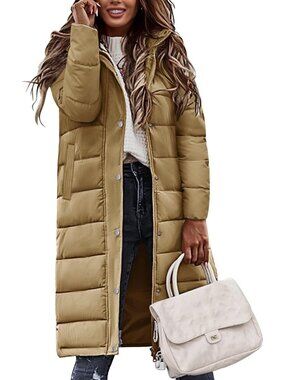 Women's Khaki Winter Long Puffer Coat Quilted Warm Jacket with Side Zippers